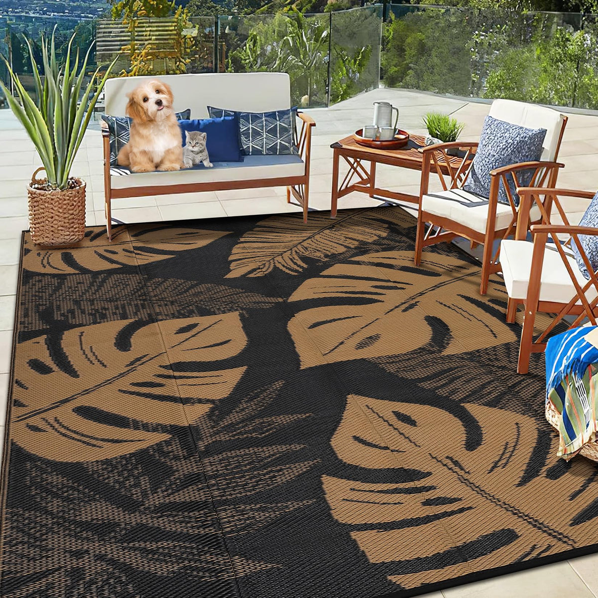 Outdoor Rugs 9x18 Reversible Mats Outdoor Plastic Straw Rug Waterproof Patio Rug Vintage Reversible Mats for Rv Deck Balcony Picnic, Beach, Trailer, Camping, Vintage|Light Blue