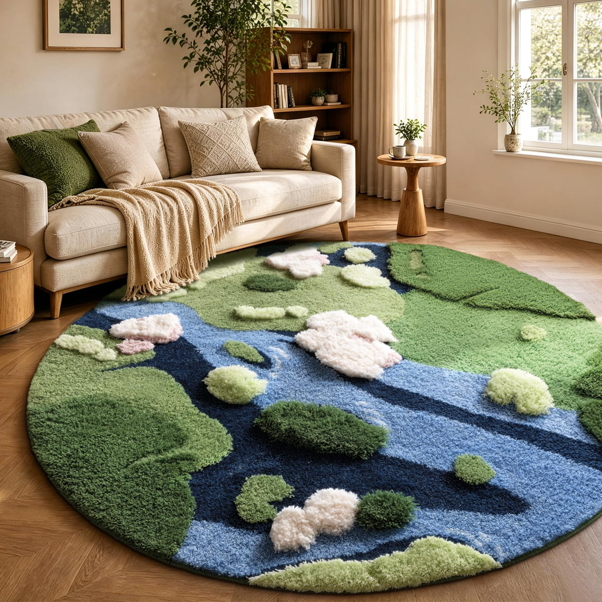 YIHOUSE 4ft Moss Round Area Rug 3D Cute Green Grass Rugs for Bedroom Machine Washable Non-Slip Boho Circle Rug Soft Fluffy Carpet for Living Room Bathroom Nursery Room, Pond
