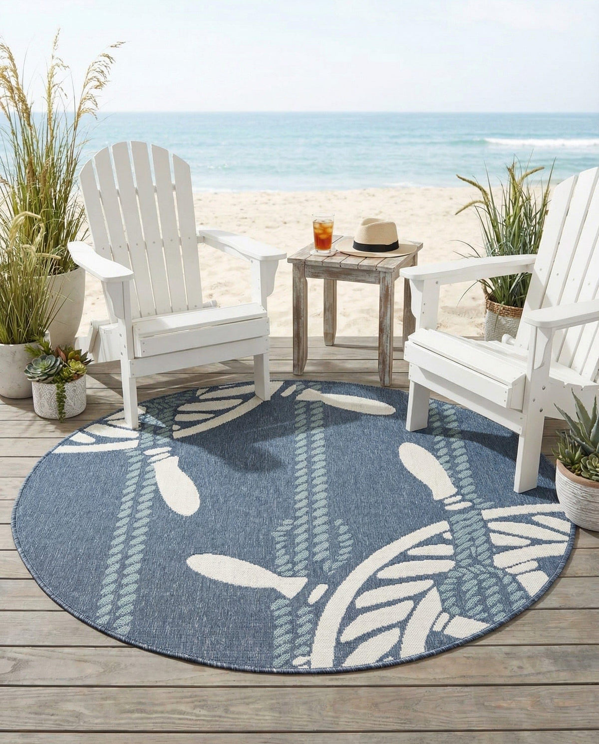 Rugs.com - Outdoor Coastal Rug – 5' 3 x 8' Navy Blue Washable Indoor/Outdoor Rug – Nautical Ship Wheel Design for Patios, Decks, and Porches