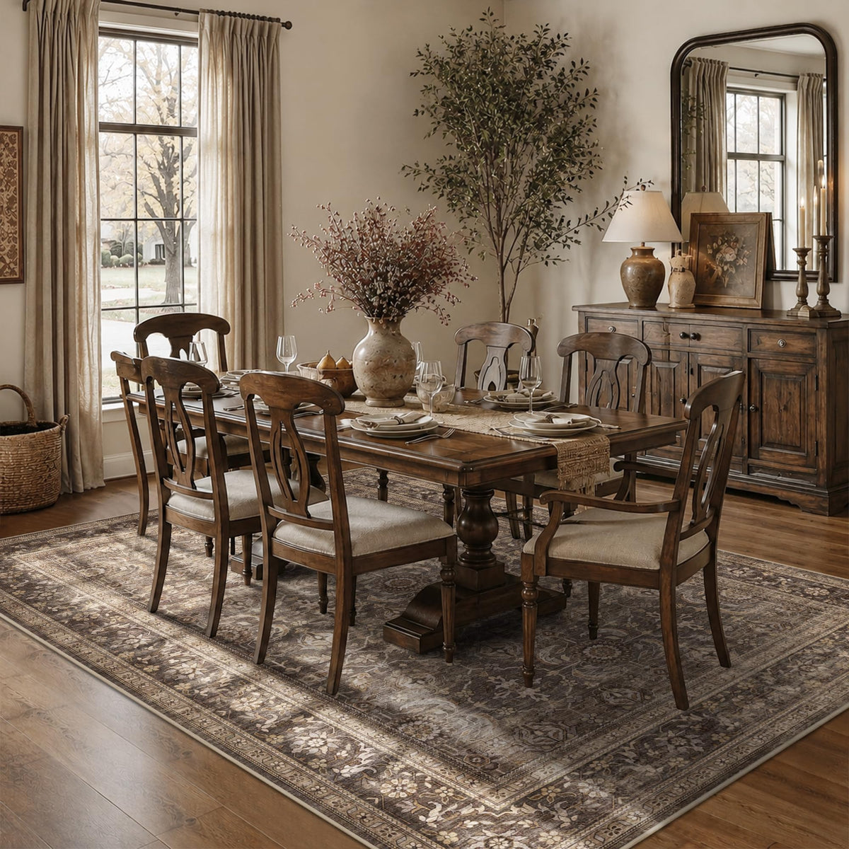 JOOJA 8x10 Dark Brown Vintage Soft Low Pile Non Slip Boho Washable Area Rug