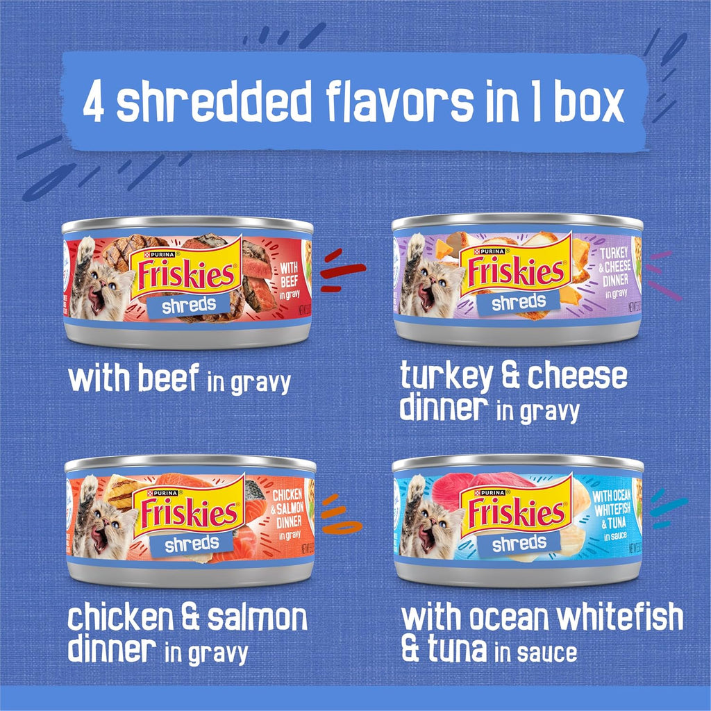Friskies Purina Wet Cat Food Variety Pack, Shreds with Beef, Turkey & Cheese Dinner, Chicken & Salmon Dinner, and with Ocean Whitefish and Tuna - 5.5 oz. Cans (Pack of 80)
