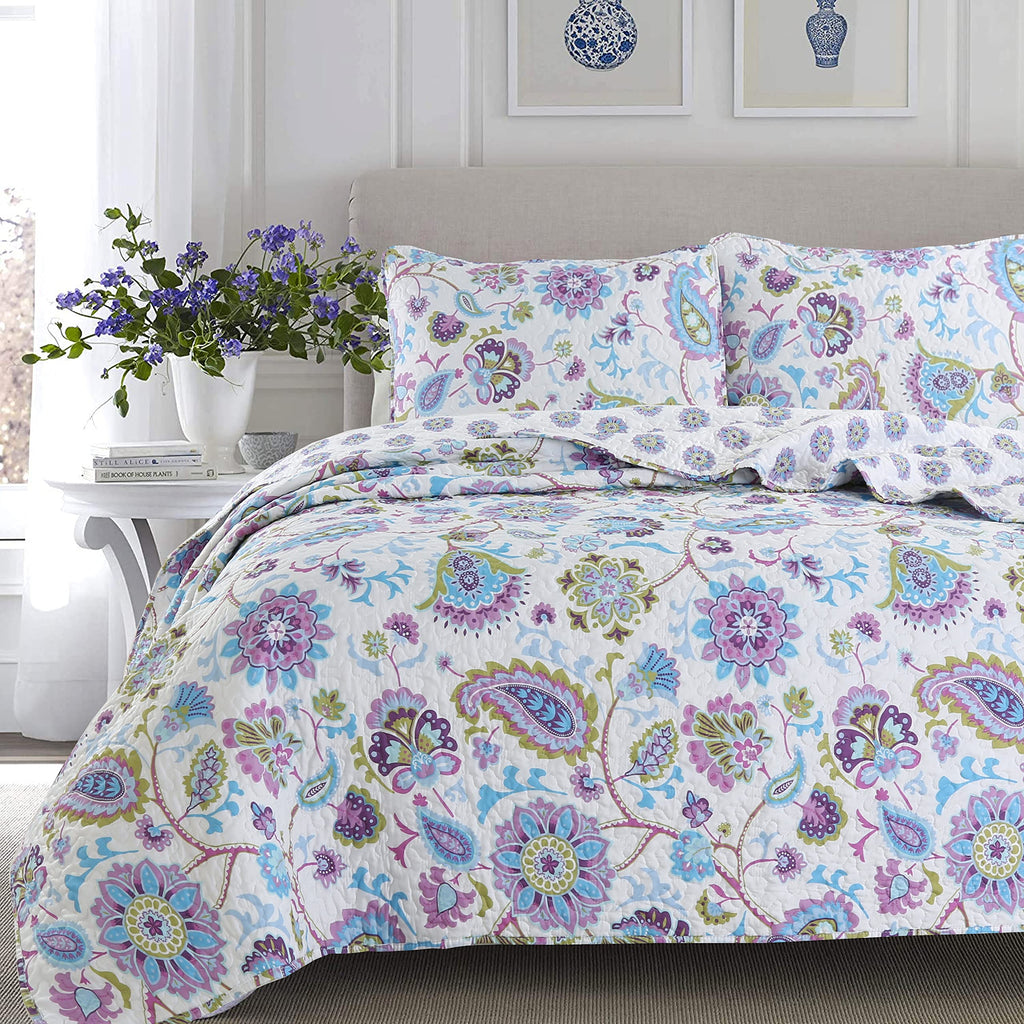 Cozy Line Home Fashions Bloom Floral Blue Rose Spring Reversible Quilt Bedding Set, Coverlet Bedspread Lightweight for All Seasons (Pink Garden, Queen - 6 Piece)