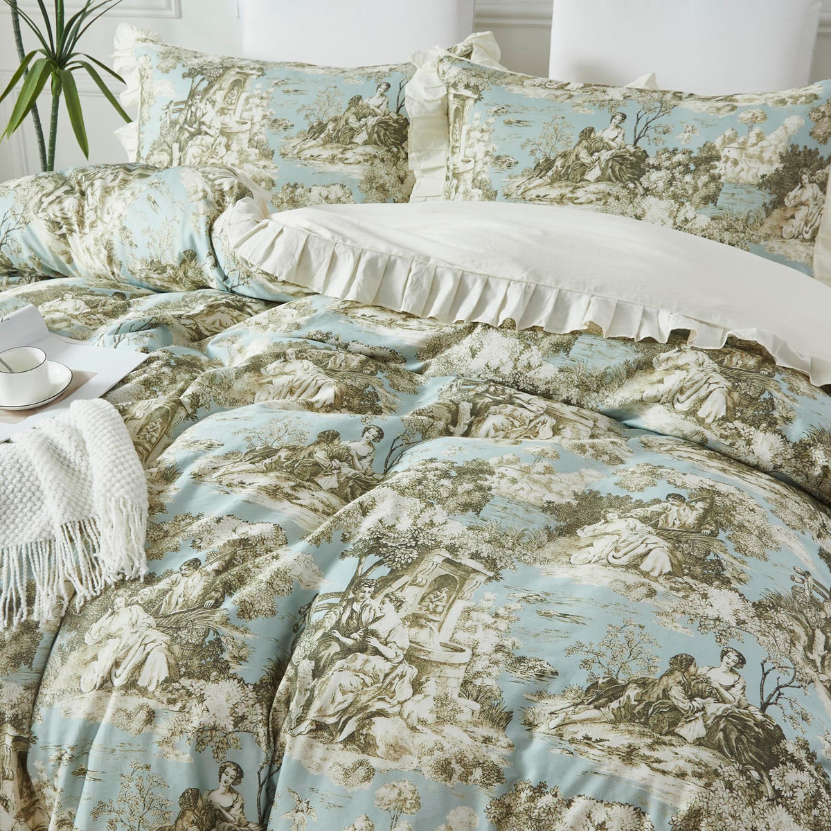 Brandream French Country Toile Queen Duvet Cover Set for Girl Women Bedroom Vintage Pink Toile Floral Print 100% Cotton Duvet Quilt Comforter Cover Pillow Shams Set with Delicate Ruffle Fringe