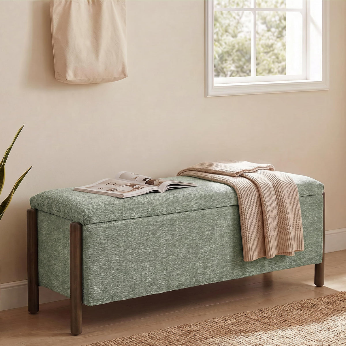 Usaint 47" Fabric Upholstered End of Bed Storage Ottoman Bench, Beige