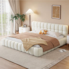 Grounded Bed Upholstered Platform Bed with Unique Design Thick Fabric Headboard, Wood Platform Bed Frame for Kids Adults Bedroom Furniture, Upholstered Floor Bed (Beige-1, King)