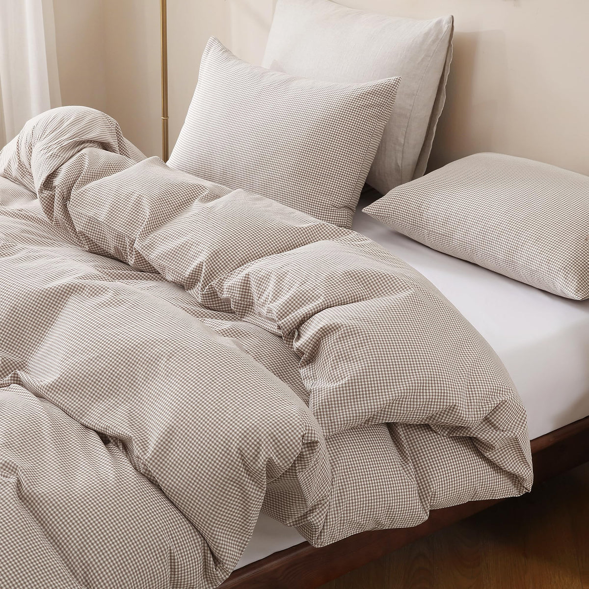 TOCOMOA Tan Gingham Duvet Cover Set Washed Cotton Like Linen, Cal King