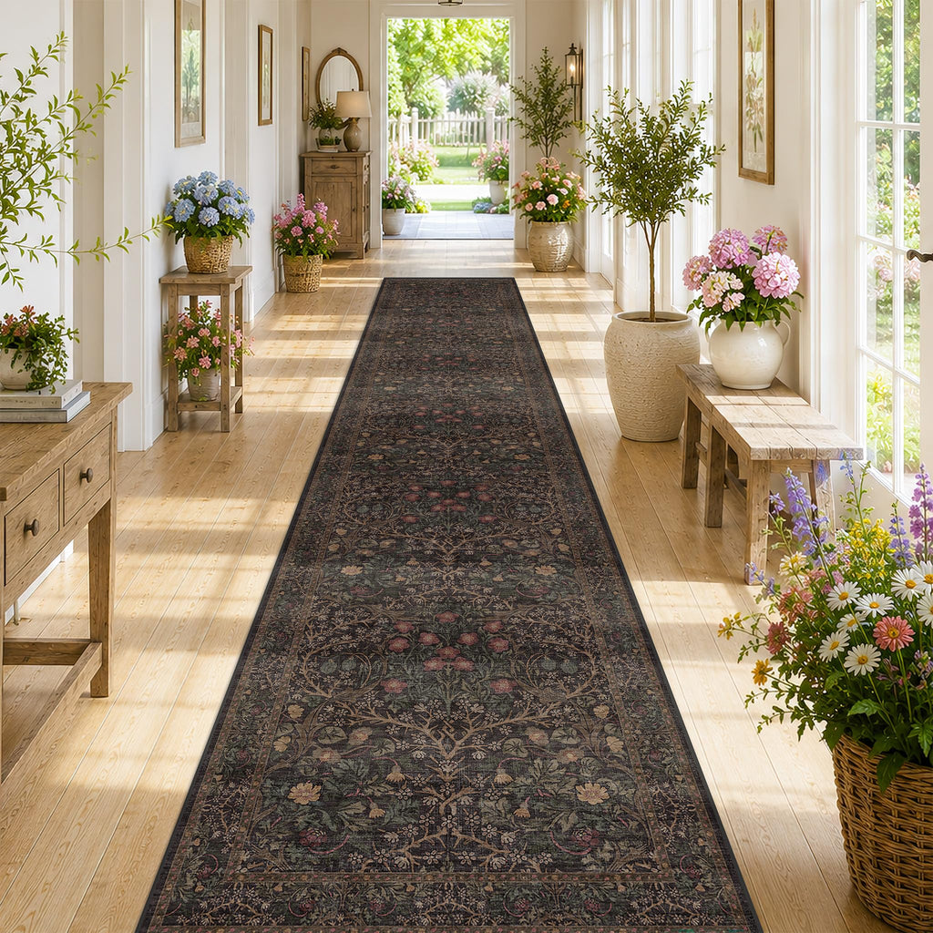 Floral Dark Green Washable Area Rugs 8x10, Vintage Living Room Rug