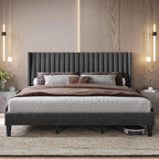 Yaheetech Queen Bed Frame with Headboard, Ivory Channel-Tufted Platform