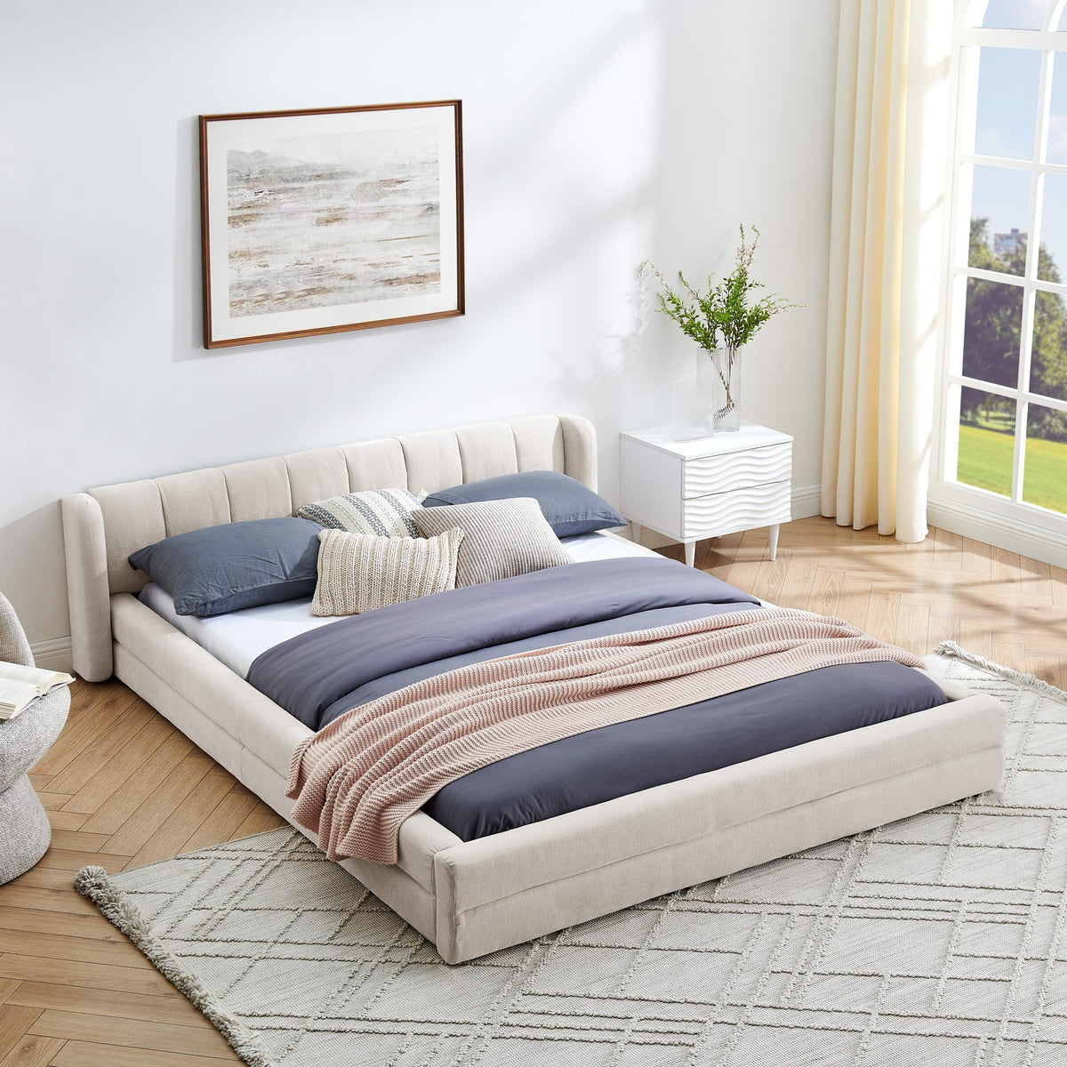 Grounded Bed Upholstered Platform Bed with Unique Design Thick Fabric Headboard, Wood Platform Bed Frame for Kids Adults Bedroom Furniture, Upholstered Floor Bed (Beige-11, Queen)