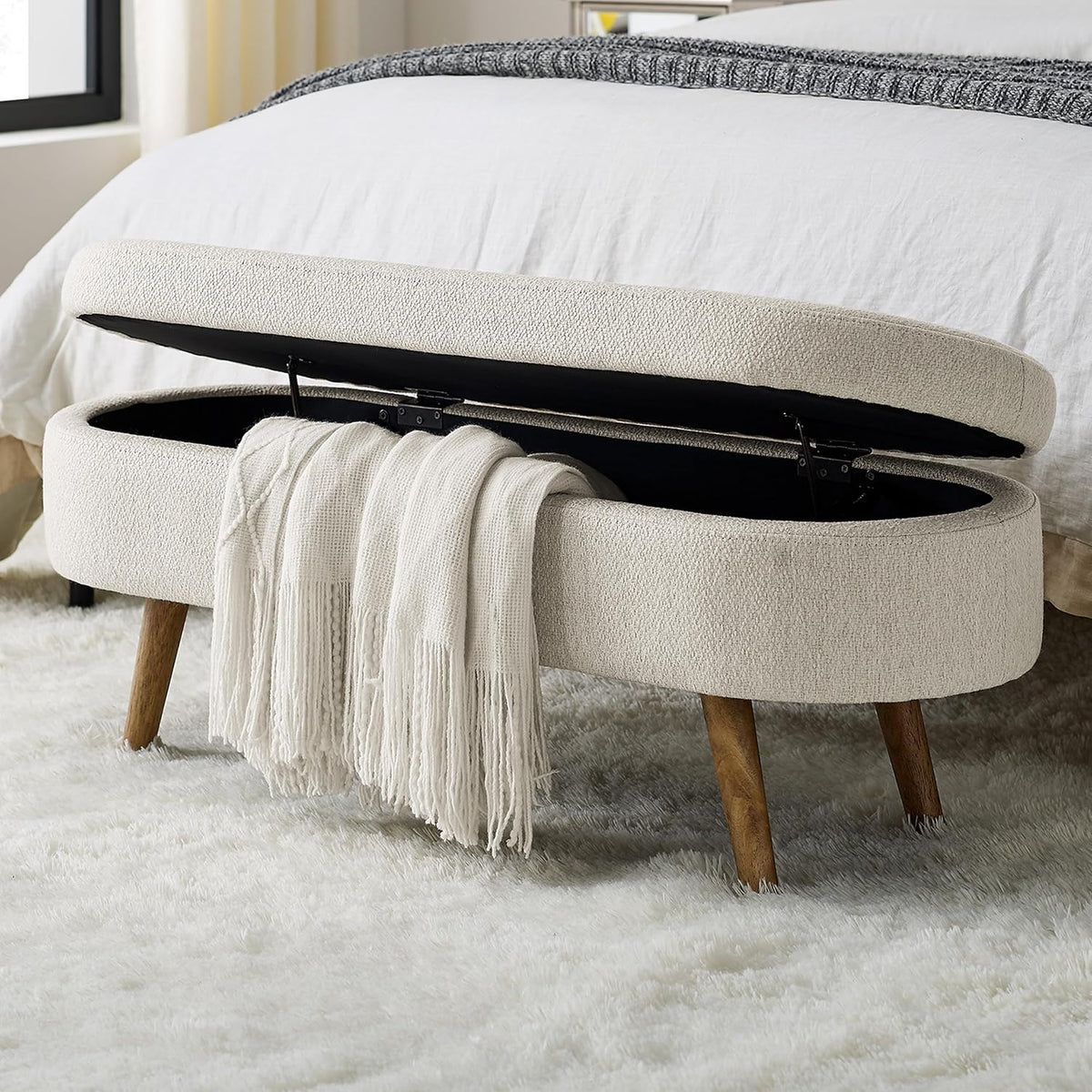 43.5" Ottoman with Storage, Storage Ottoman Bench with Safety Hinge, Bed End Bench, Upholstered Entryway Bench for Bedroom, Living Room & Window, Holds up to 330 lb, Beige