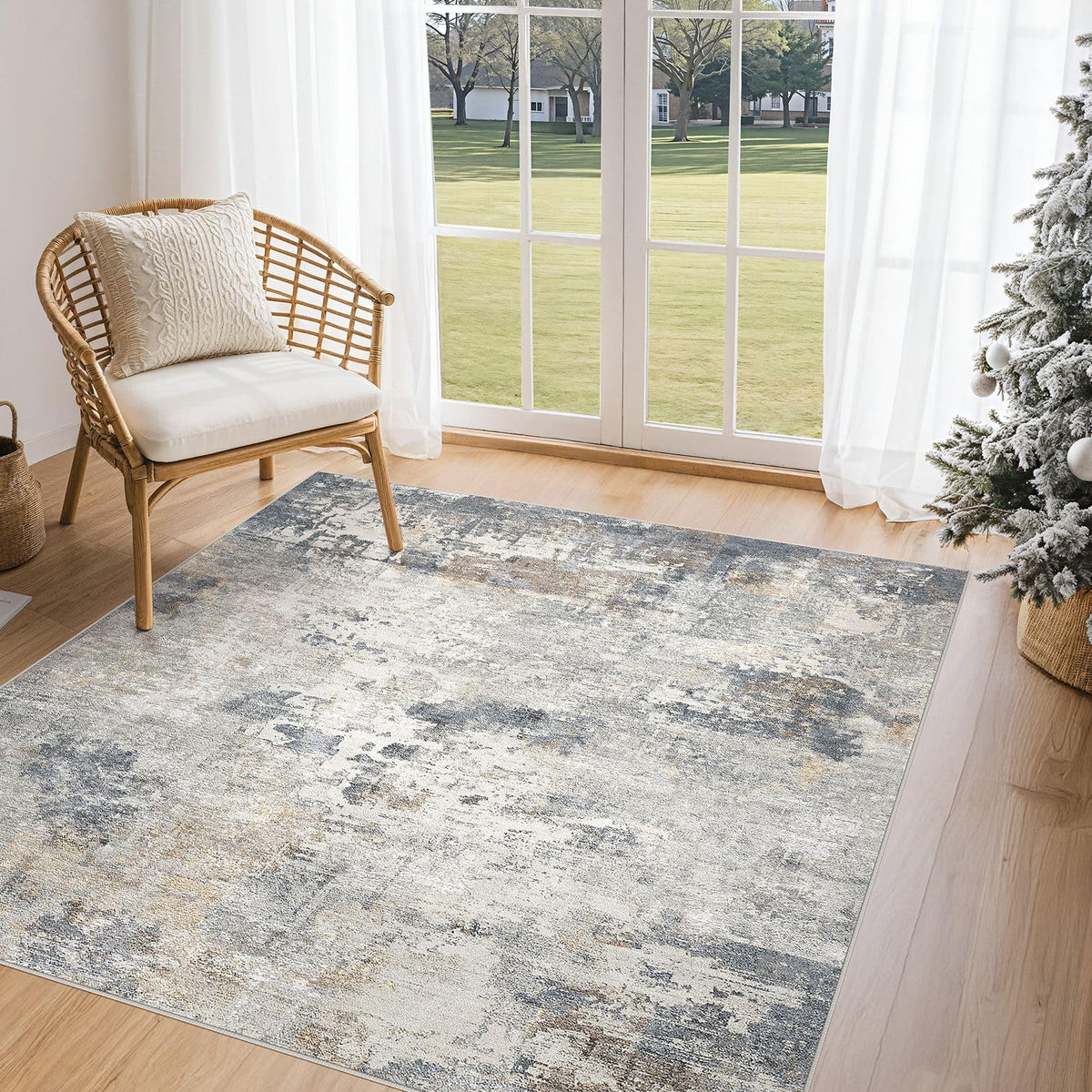 UERMEI 9x12 Area Rug Living Room Rugs - Washable Neutral Modern Abstract Soft Thin Large Rug Indoor Floor No Slip Rug Carpet for Bedroom Under Dining Table Home Office Decor - Brown Grey