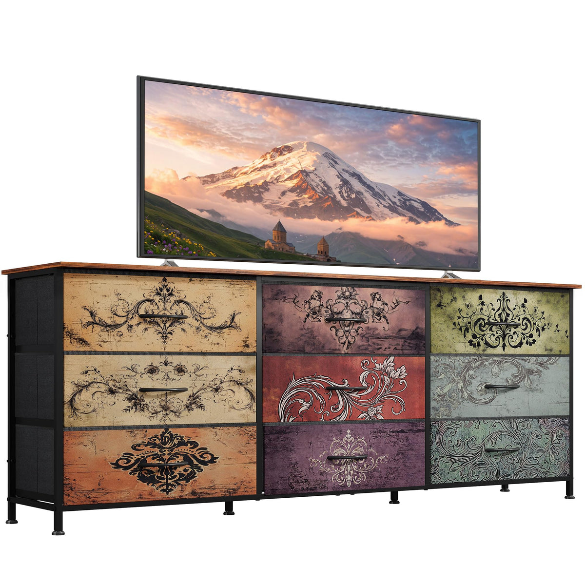 WLIVE Dresser TV Stand for 55 Inch TV, 9 Drawer Dresser for Bedroom, Black