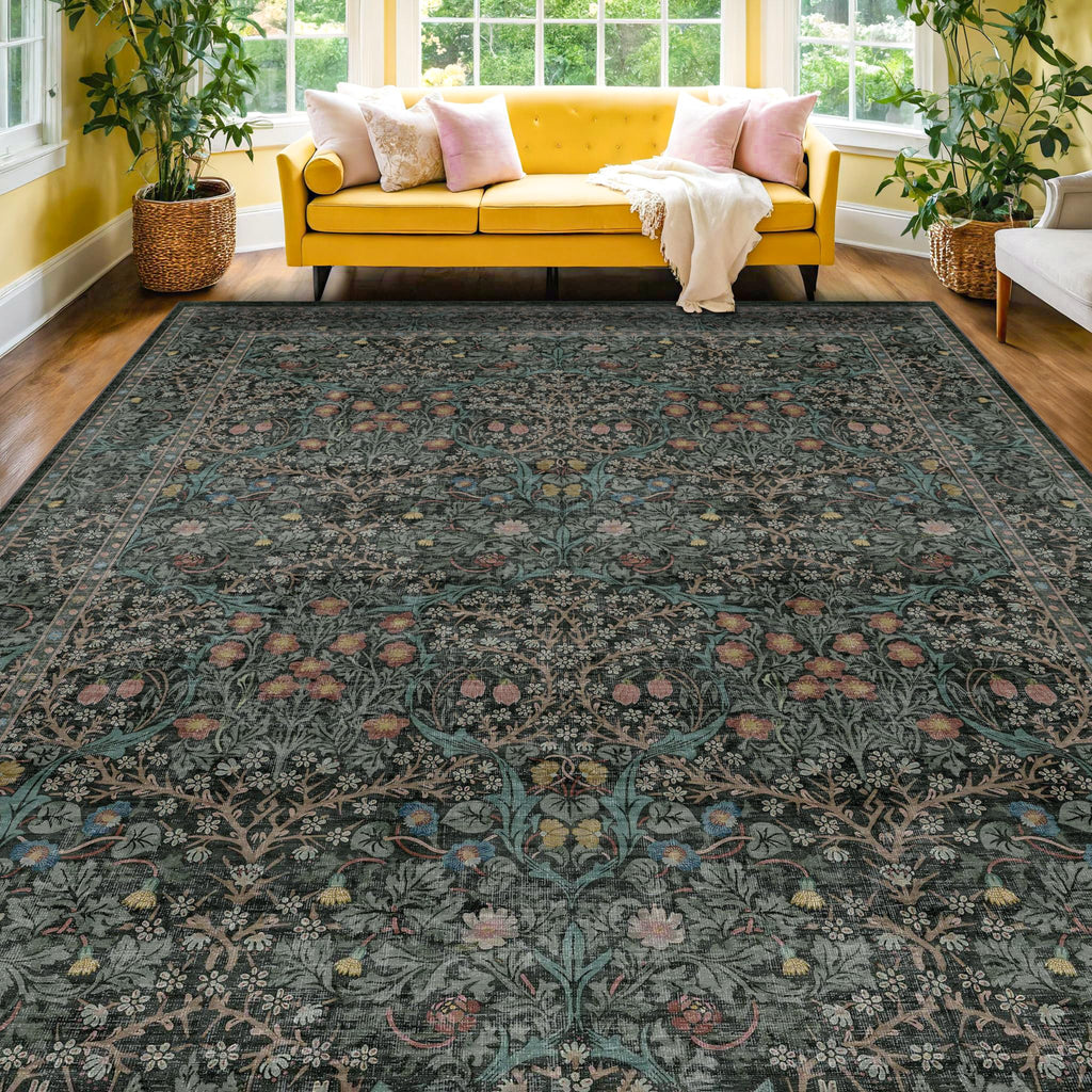 Floral Dark Green Washable Area Rugs 8x10, Vintage Living Room Rug