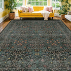 Floral Dark Green Washable Area Rugs 8x10, Vintage Living Room Rug