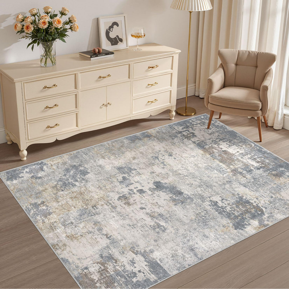 UERMEI 9x12 Area Rug Living Room Rugs - Washable Neutral Modern Abstract Soft Thin Large Rug Indoor Floor No Slip Rug Carpet for Bedroom Under Dining Table Home Office Decor - Brown Grey