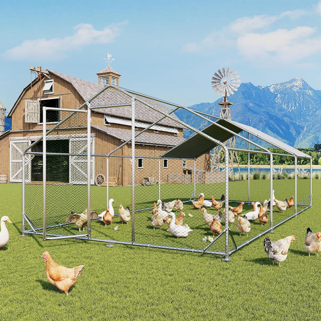 Aoxun Large Metal Chicken Coop, Outdoor Chicken Runs for Yard with Cover, Spire Roof Hen House Enclosure with Security Lock, Walk-in Cage Peak Hen House for Yard Farm (10x20x6.4 FT)