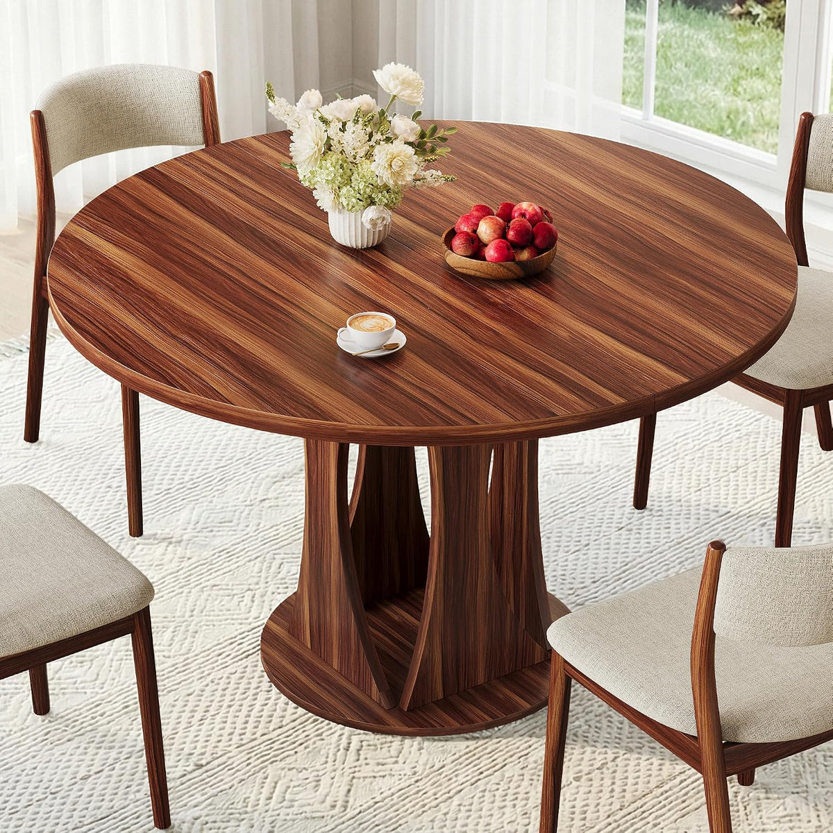 iPormis Round Dining Table, 47'' Kitchen Table for 4-6, Dining Room Dinner Table with Wooden Tabletop & Geometric Arcs Pedestal for Kitchen, Living Room, Home, Office, Walnut