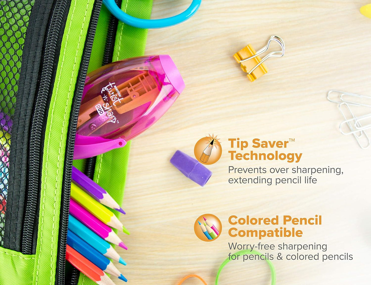 Bostitch Manual Pencil Sharpener | Double Hole | Tip Saver Technology | With Shavings Drawer | Assorted Colors, Pack of 36