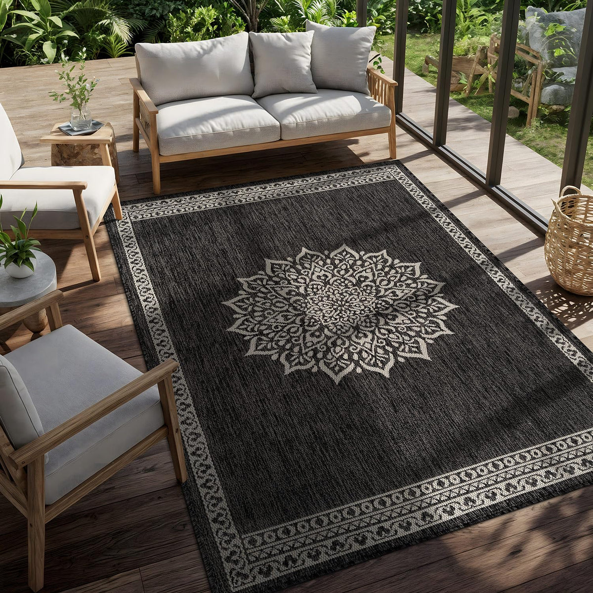 CAMILSON Outdoor Rug 6x9, Modern Outside Rugs for Patios Porches Waterproof Durable Washable Non-Shedding, Easy-to-Clean Indoor Outdoor Area Carpet (6 x 9, Bordered - Blue/White)