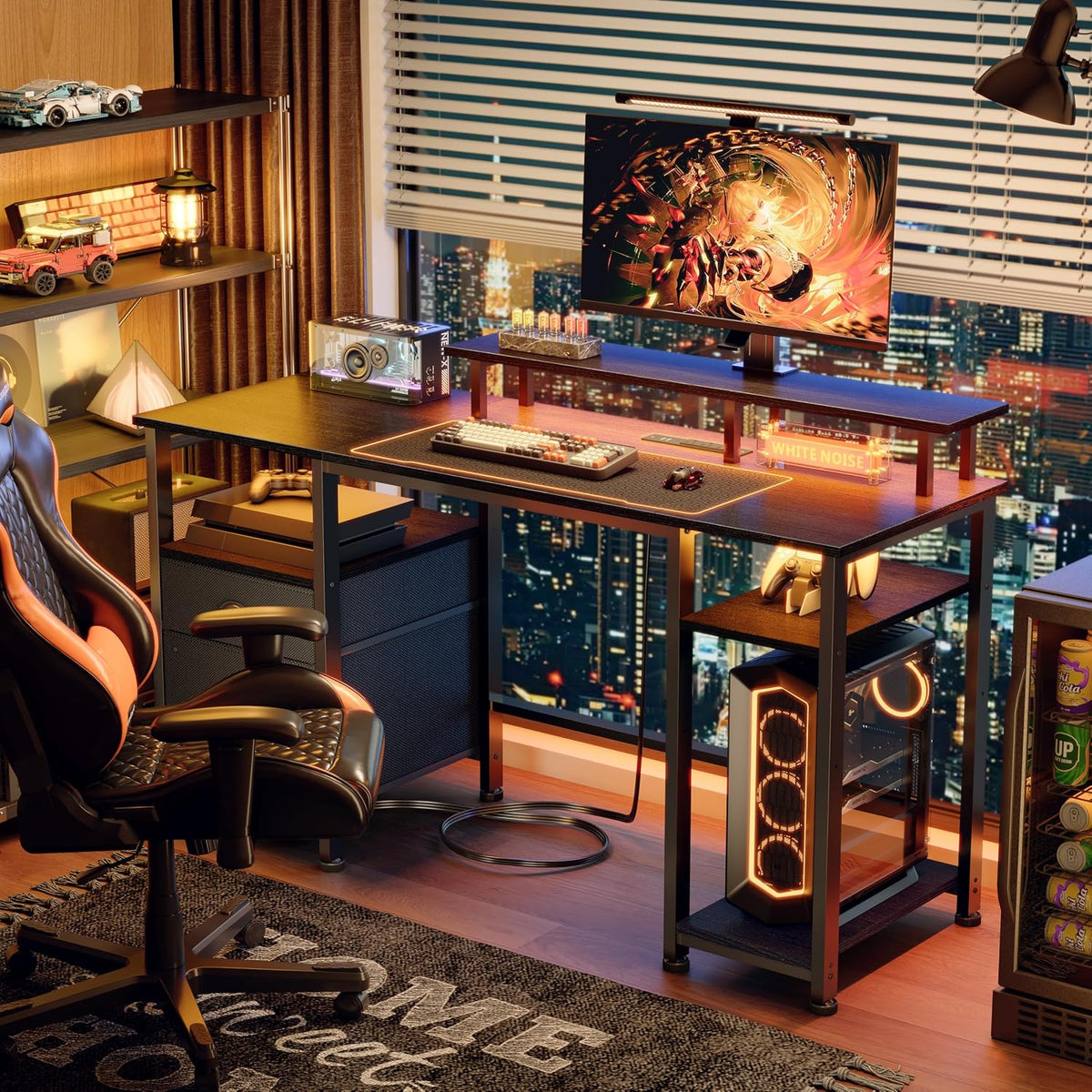 Furologee 51" Gaming Desk with Outlets & LED, Computer Office Desk, Black