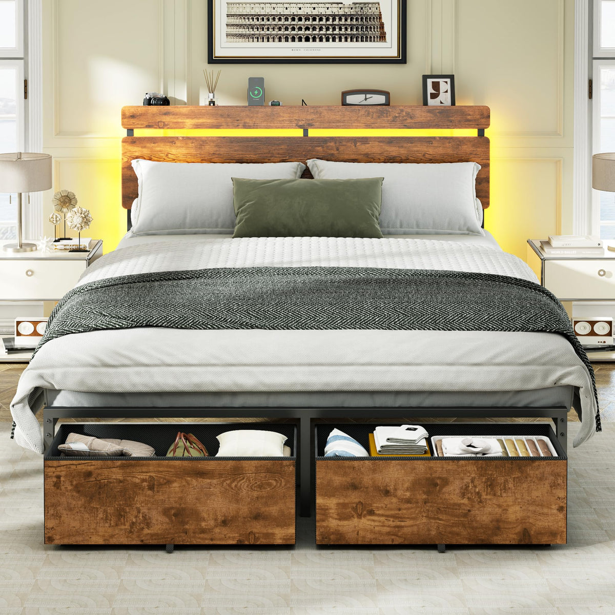 Forestell Queen Bed Frame with Wood Headboard,2 Storage Drawers & Shelf
