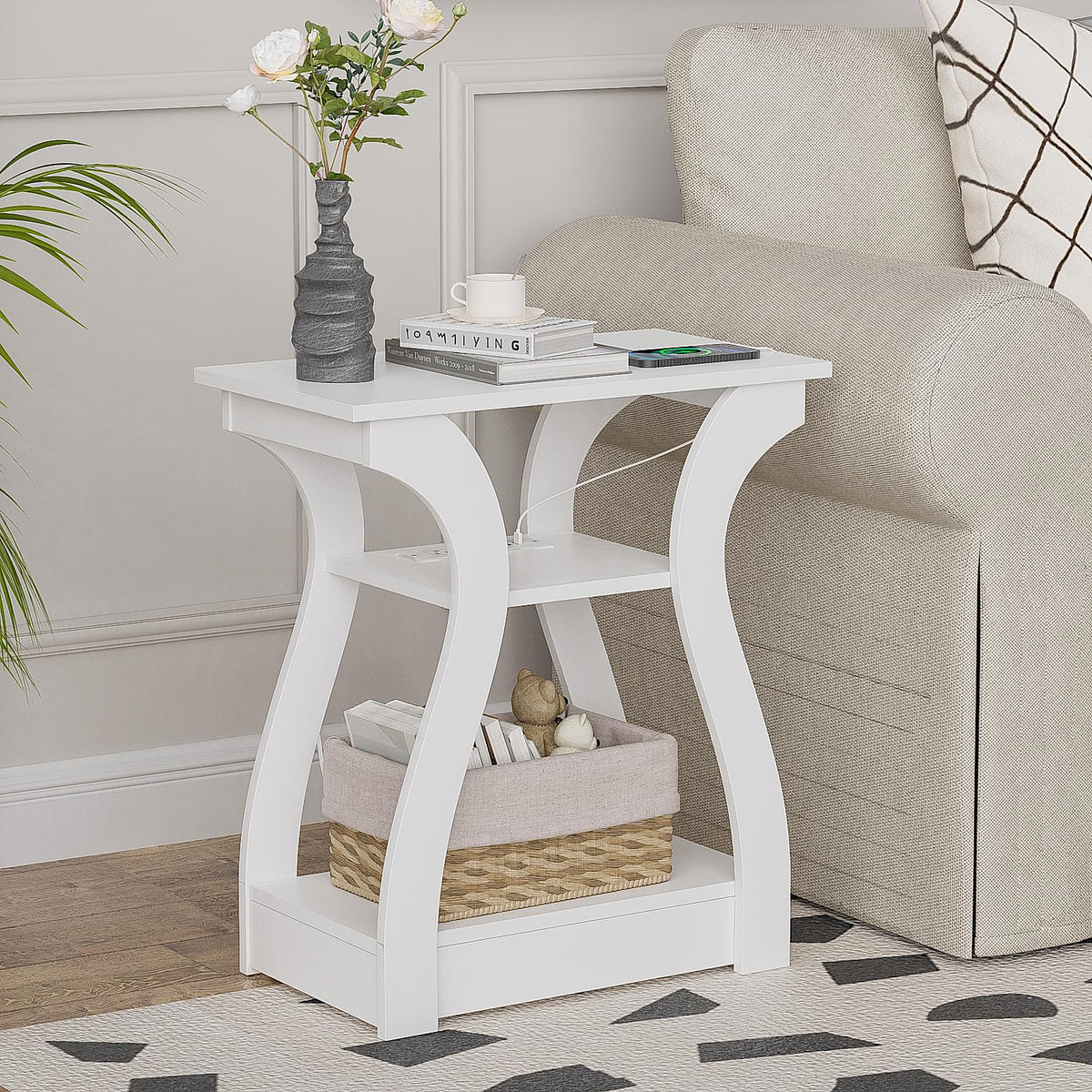 FROMJBEST End Tables Living Room Set of 2 with Charging Station, Black
