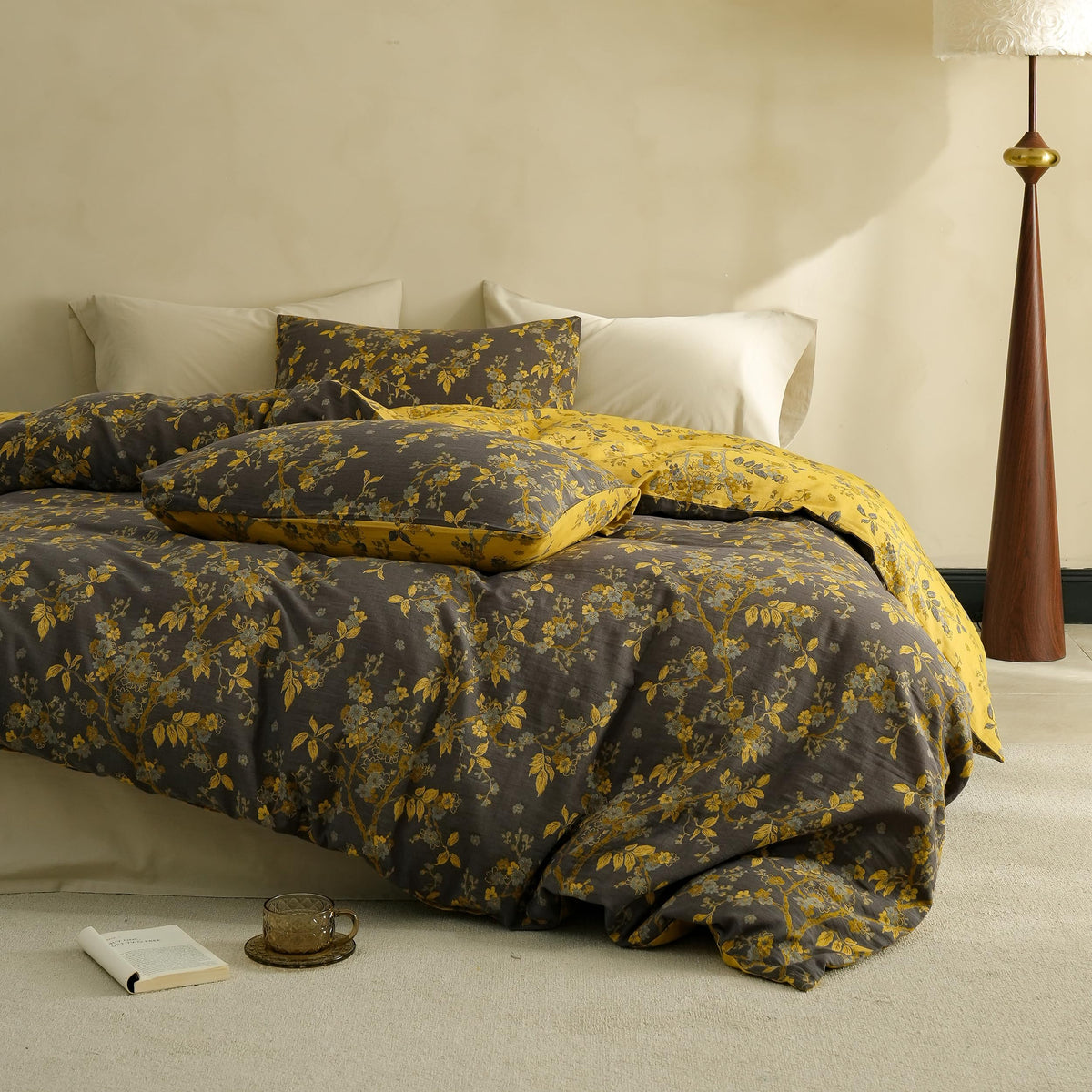 Simple&Opulence Muslin Duvet Cover Set King Size, 100% Washed Cotton 3 Pieces Yarn-Dyed Vintage Purple Floral Jacquard Textured Bedding, Soft & Breathable Gauze Comforter Cover with Zipper Closure