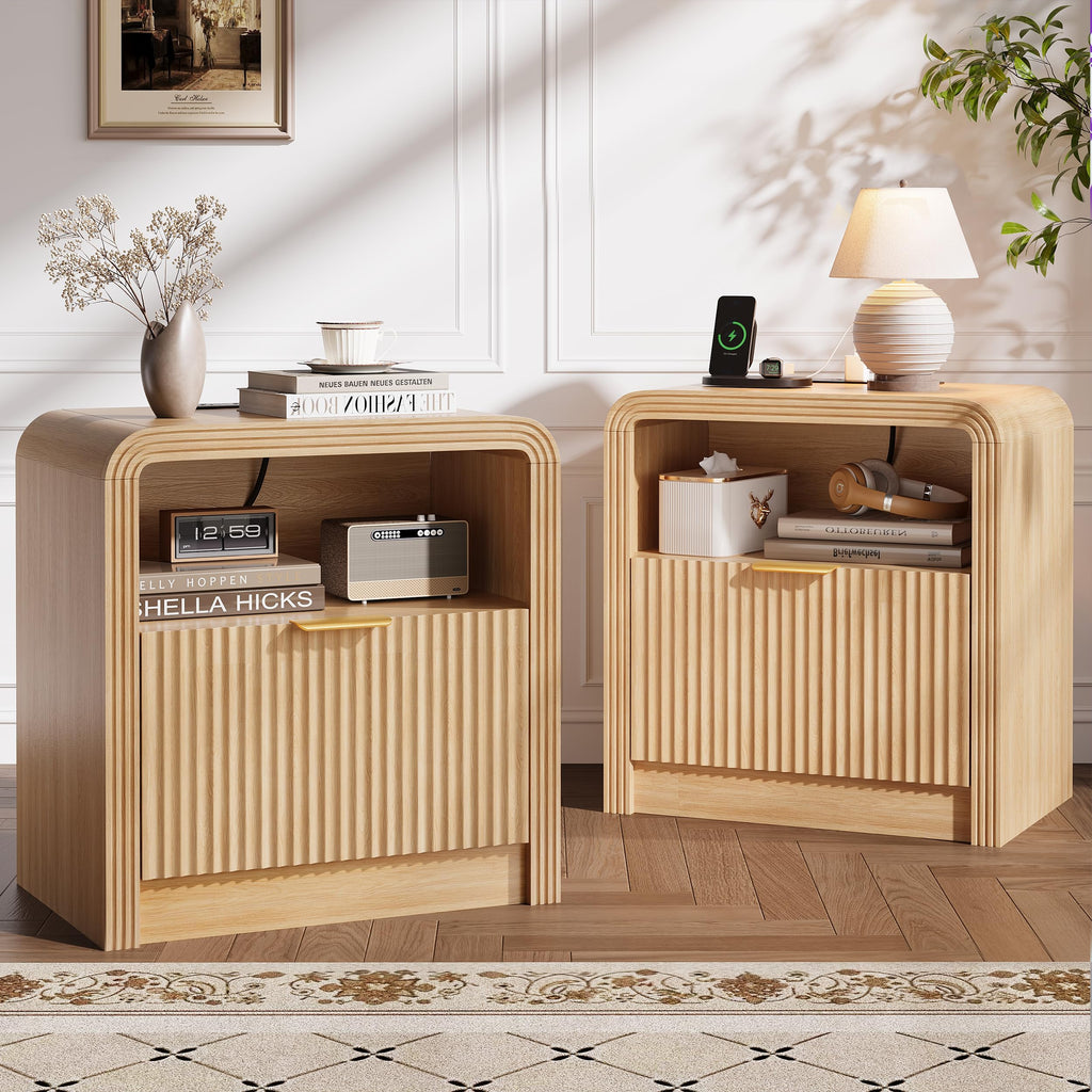 Decofy 23'' Wide Fluted Nightstand Set of 2 with Charging Station, Walnut