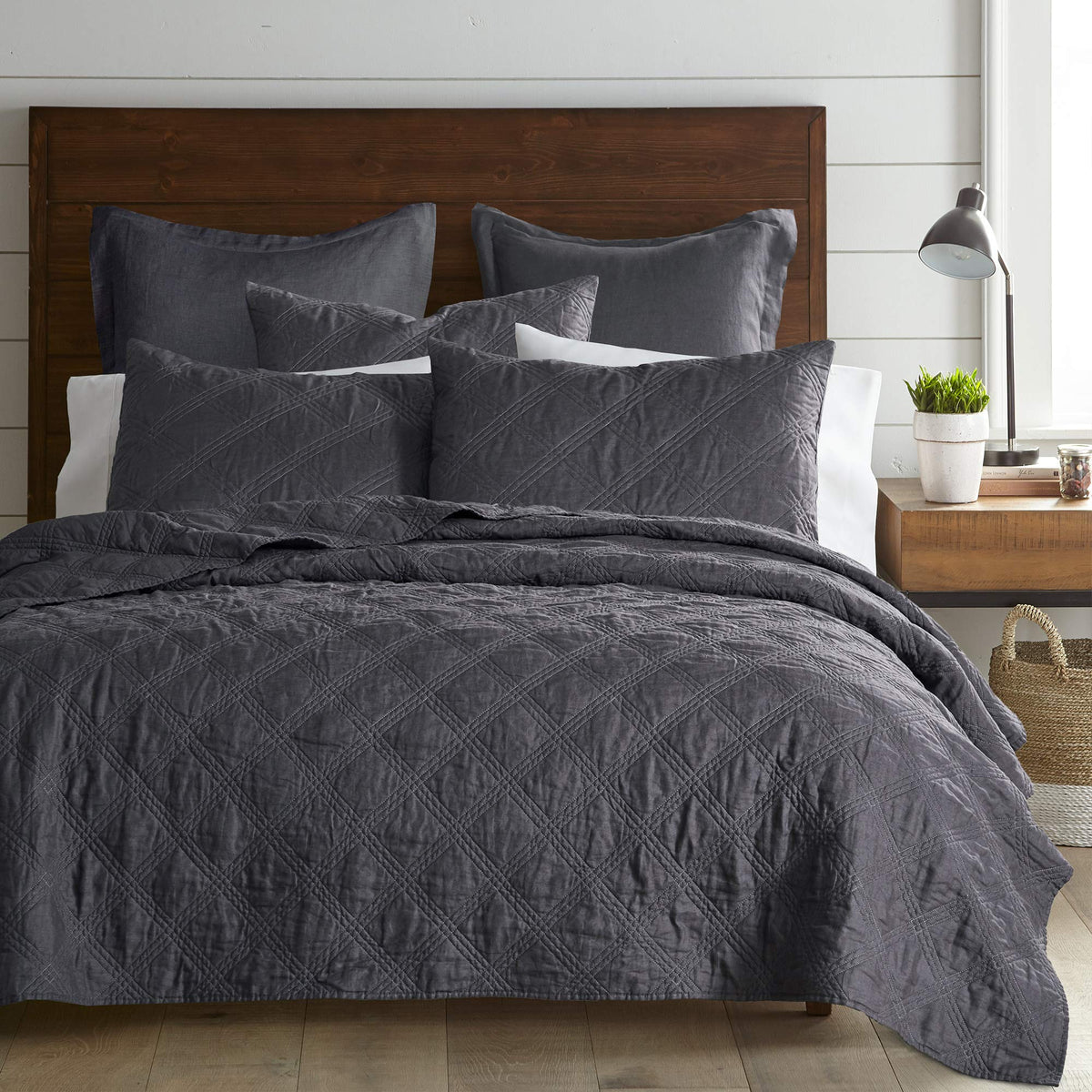 Levtex Home - 100% French Flax Linen Front/100% Cotton Back - Quilted Throw - French Flax Washed Linen - Charcoal - Throw Size (50 x 60in.)
