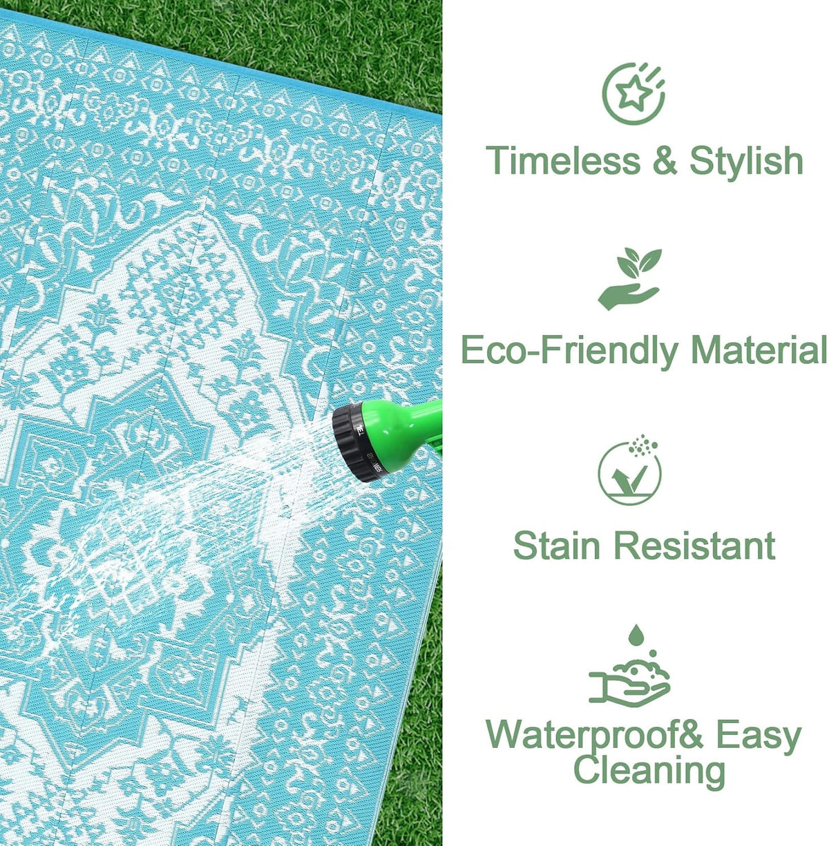 Outdoor Rugs 9x18 Reversible Mats Outdoor Plastic Straw Rug Waterproof Patio Rug Vintage Reversible Mats for Rv Deck Balcony Picnic, Beach, Trailer, Camping, Vintage|Light Blue