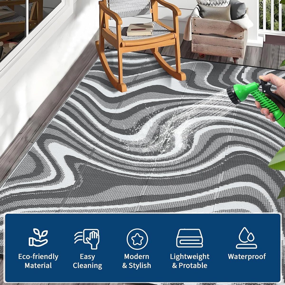 Garvee 5x8 Outdoor Rug Waterproof Modern Plastic Straw Rugs, Black Grey