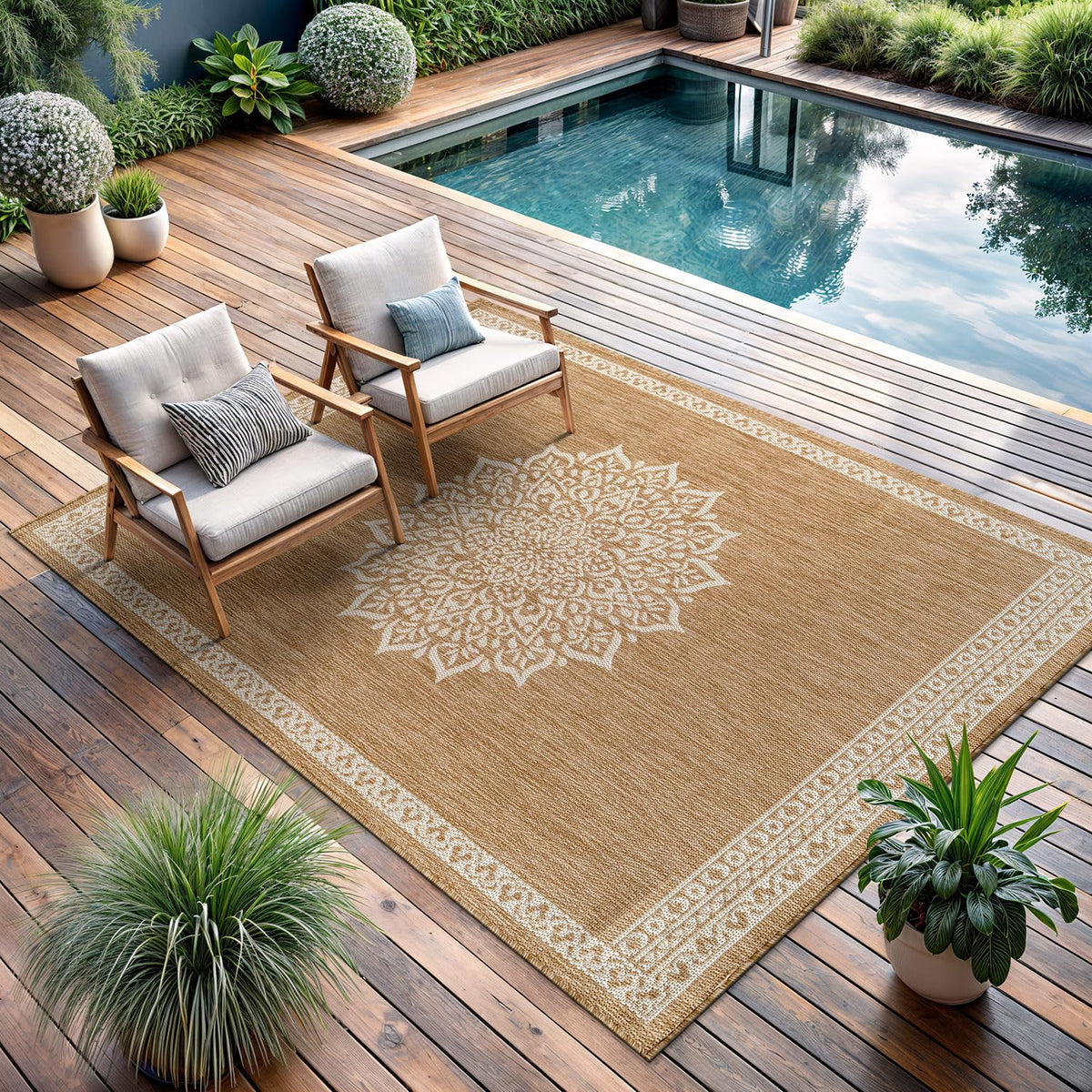 CAMILSON Outdoor Rug 6x9, Modern Outside Rugs for Patios Porches Waterproof Durable Washable Non-Shedding, Easy-to-Clean Indoor Outdoor Area Carpet (6 x 9, Bordered - Blue/White)