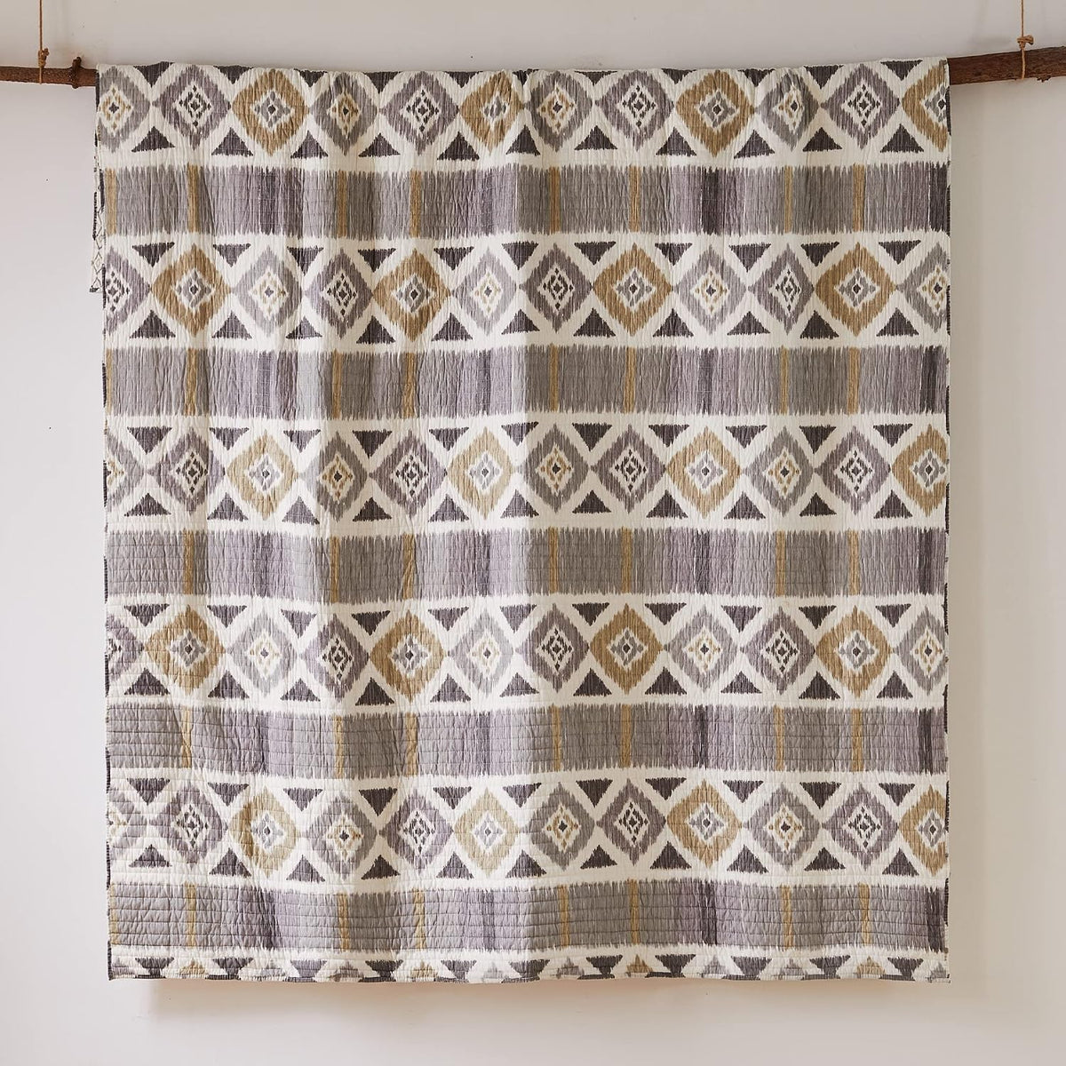 Levtex Home - Santa Fe Full/Queen Quilt - Ikat Pattern - Soft Grey, Cream, and Tan - Quilt Size (88x92in.) - Reversible - Cotton Fabric