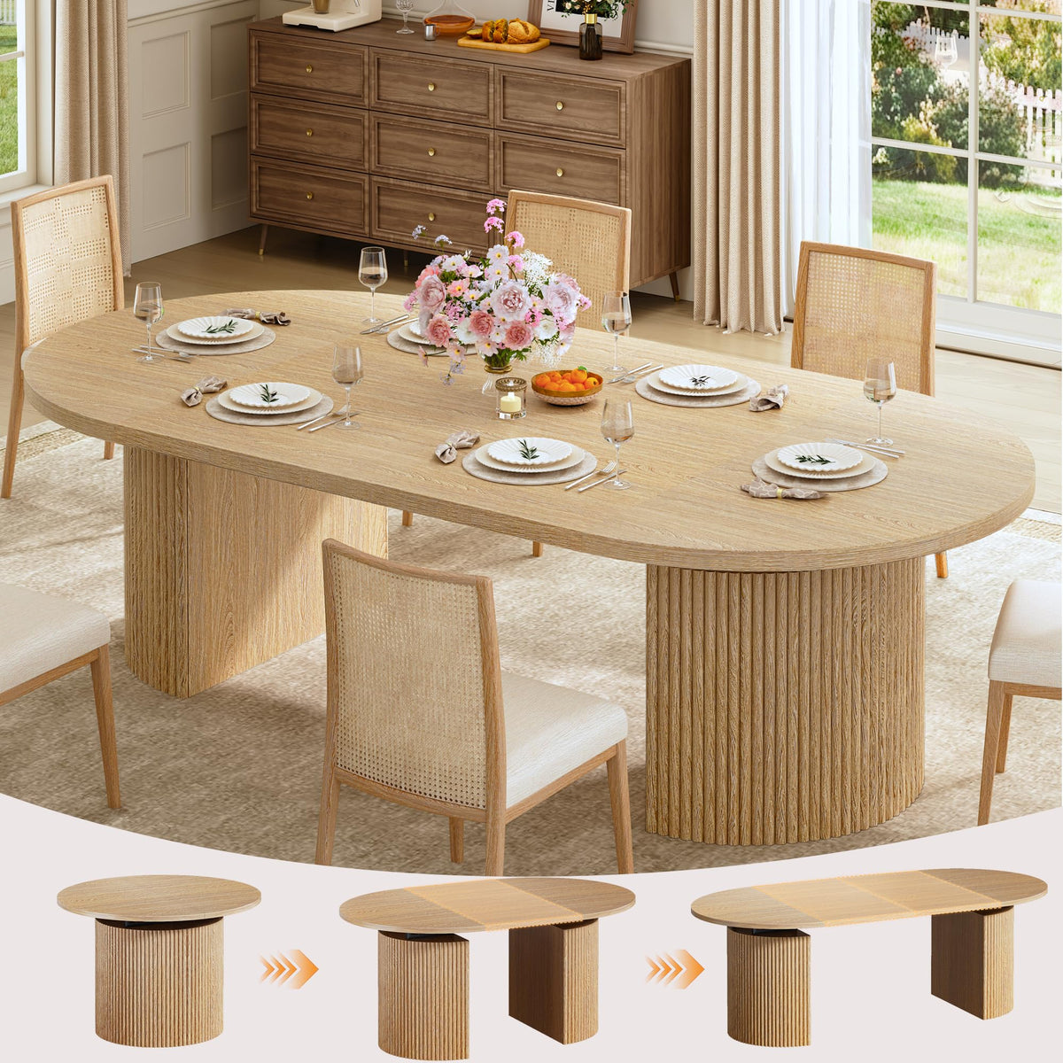 HUAHUU Extendable Round Dining Table for 4-8, 39in-77in Long Large Kitchen Table with Fluted Base, Space Saving Modern Farmhouse Oval Dinner Tables for Dining Room, Kitchen, Living Room, Black