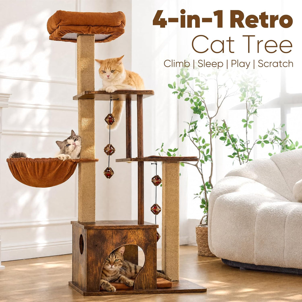 FUKUMARU Retro-Modern Cat Tree, 4 in 1 Large Cat Tower with Hammock & Condo
