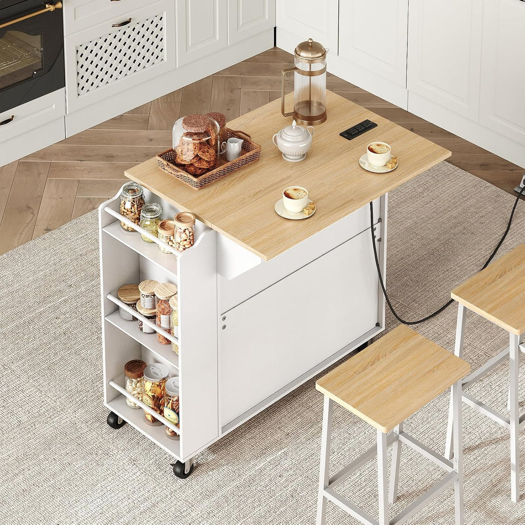 RALGEND Kitchen Island with Power Outlets & Drop Leaf, Small Rolling Kitchen Cart on Wheels, Kitchen Storage Island with Spice Rack, Mobile Island Table for Kitchen, Dinning, White and Natural