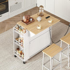 RALGEND Kitchen Island with Power Outlets & Drop Leaf, Small Rolling Kitchen Cart on Wheels, Kitchen Storage Island with Spice Rack, Mobile Island Table for Kitchen, Dinning, White and Natural