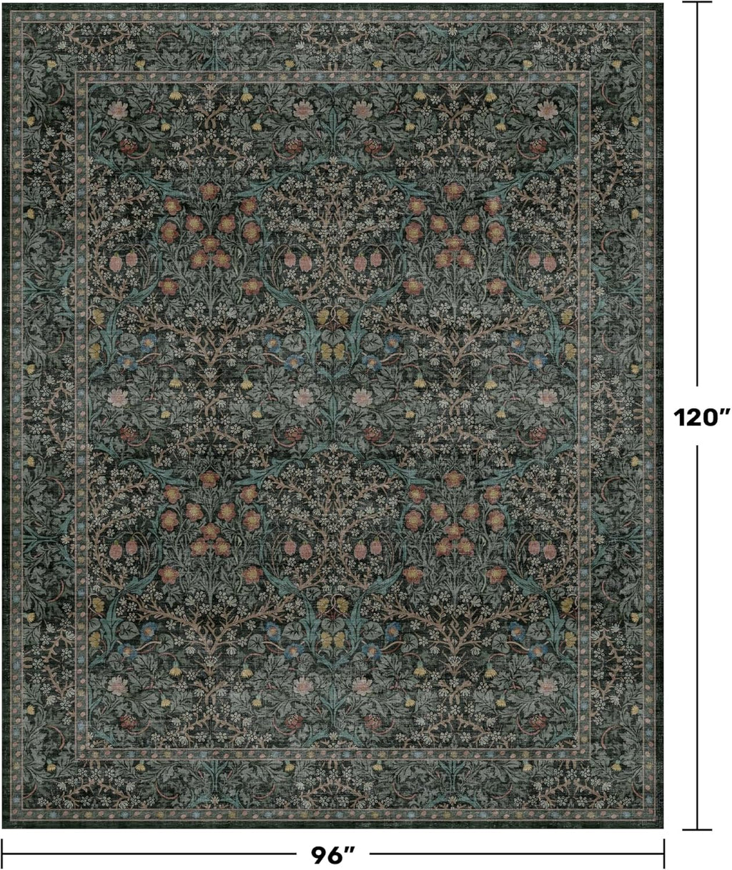 Floral Dark Green Washable Area Rugs 8x10, Vintage Living Room Rug