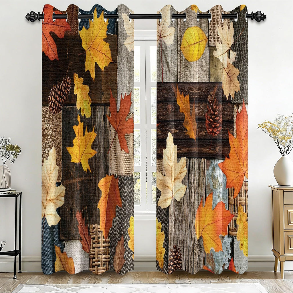 Rustic Fall Leaves Blackout Curtains 84 Inch Long 2 Panels, Autumn Maple Leaf Pinecone Thermal Insulated Grommet Drapes, Wood Burlap Texture Print Energy Saving Noise Reducing Curtains