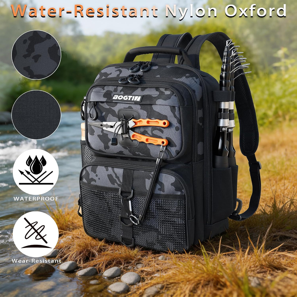 Fishing Backpack with Tackle Boxes and Lures Kit, Fish Gear, 2 Rod Holder