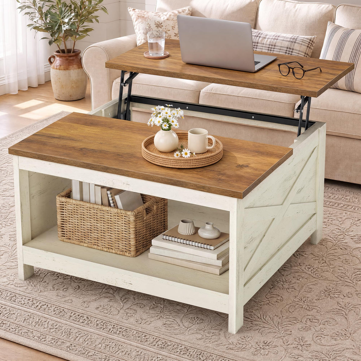 VASAGLE Lift Top Coffee Table, Square Farmhouse Coffee Table with Storage