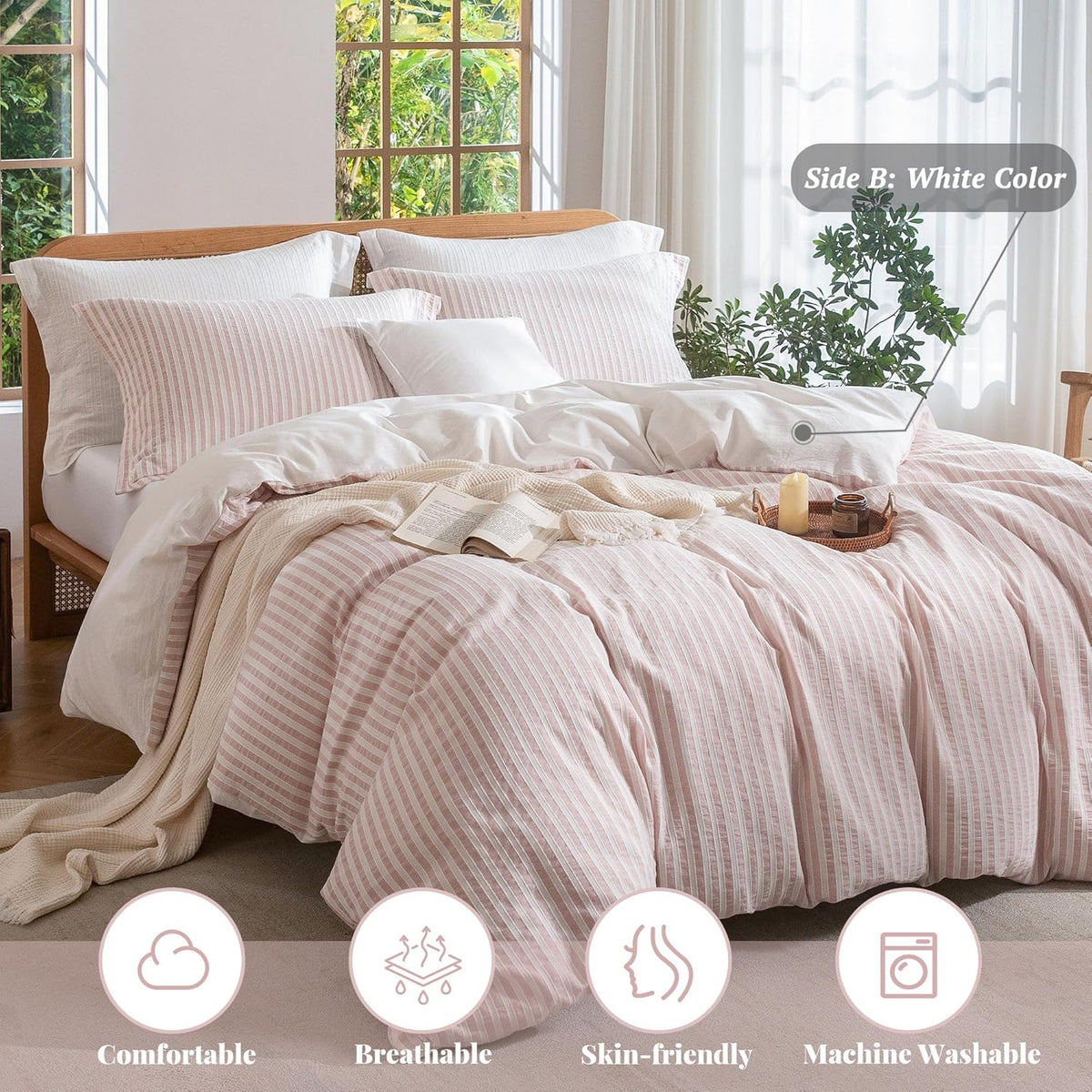 MILDLY Jacquard Striped Duvet Cover Set 3pcs Dual Zipper Pink Queen