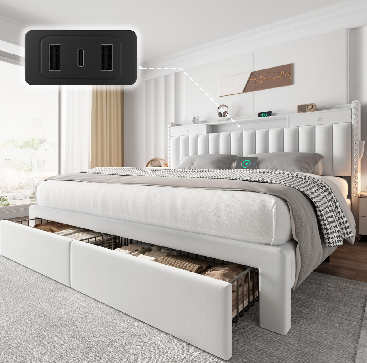 CypBed King Size Bed Frame with Headboard & 4-Storage Drawers, Upholstered