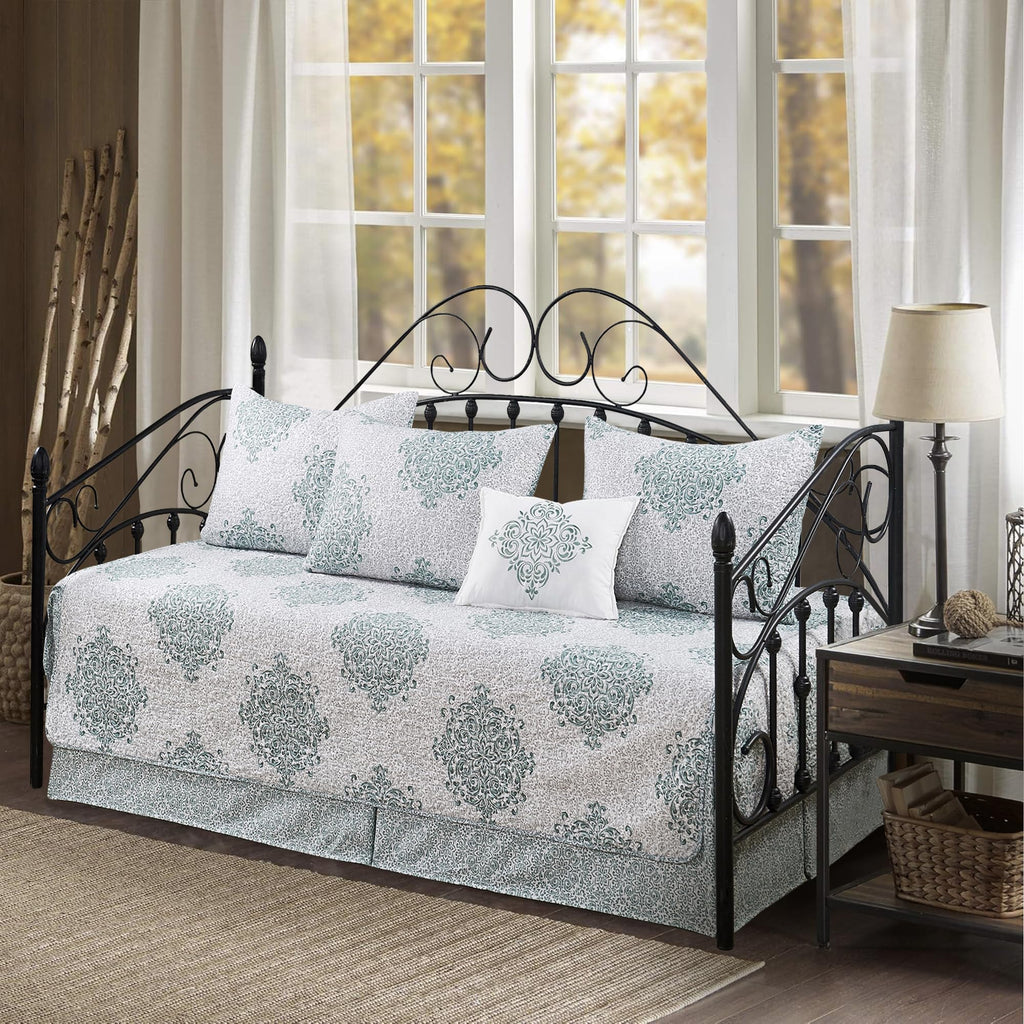 5-Piece Quilted Microfiber Daybed Cover Set with Floral Embroidery, All Season Luxurious Bedding with Matching Shams and Bed Skirt, 75"x39", Pink Flower