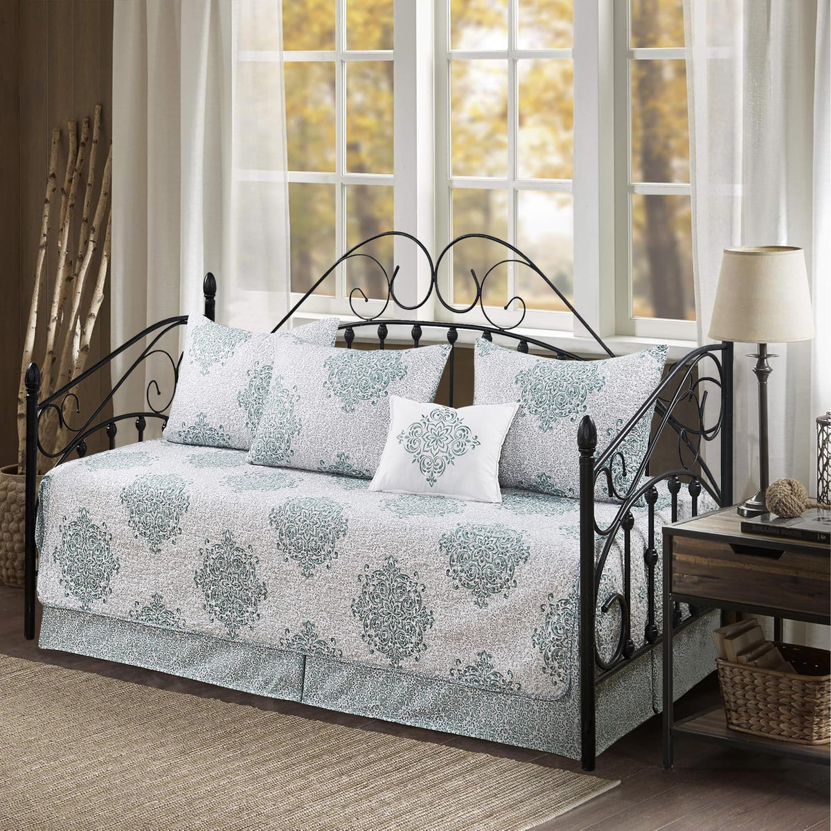5-Piece Quilted Microfiber Daybed Cover Set with Floral Embroidery, All Season Luxurious Bedding with Matching Shams and Bed Skirt, 75"x39", Pink Flower
