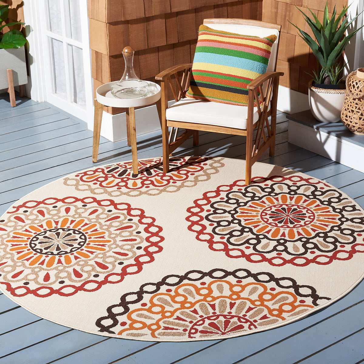 SAFAVIEH Washable Rug Outdoor Veranda Collection - 8' x 11', Cream & Blue, Non-Shedding & Easy to Clean, Ideal for Patio, Backyard, Mudroom (VER092-0615)