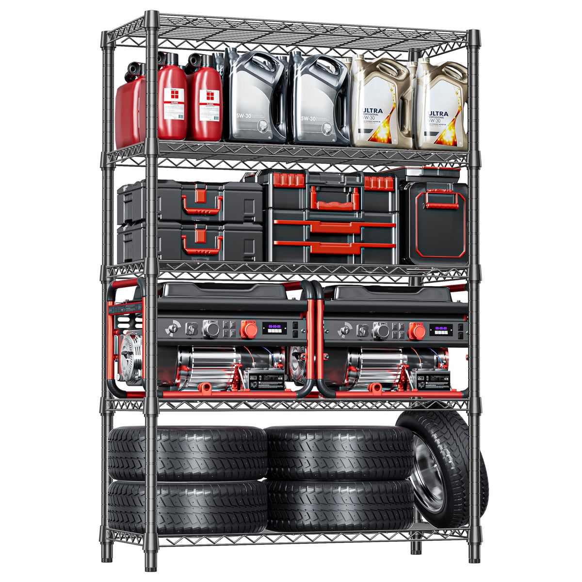 IZEUK 5-Tier Adjustable Heavy Duty Steel Wire Shelving Unit with Wheels, Storage Rack Organizer for Garage, Kitchen, Office, Laundry, Basement (Black, 17.7" D x 47.2" W x 76.7" H, 1750 lbs Capacity)