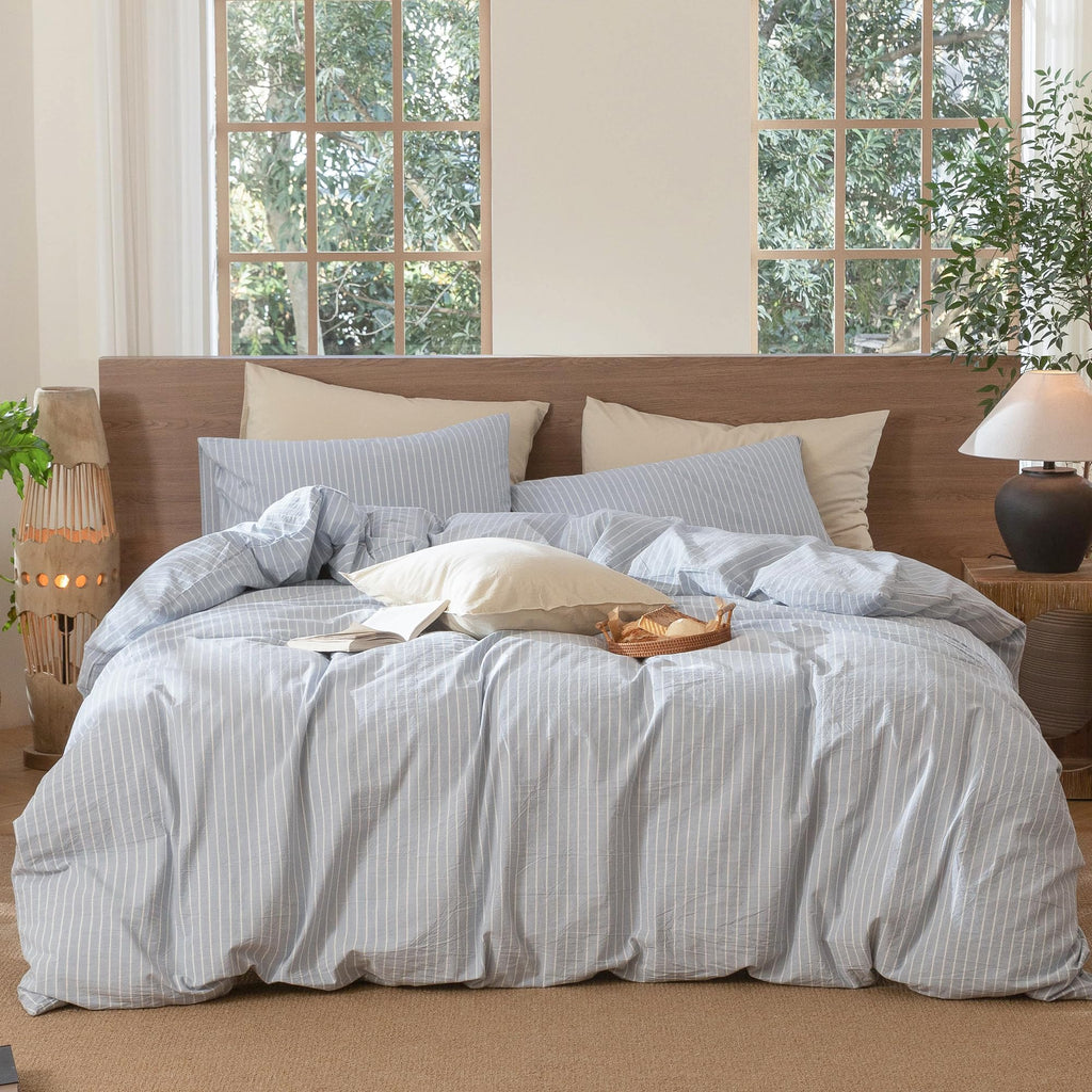 MooMee Striped Duvet Cover Set 100% Washed Cotton Linen Like Queen