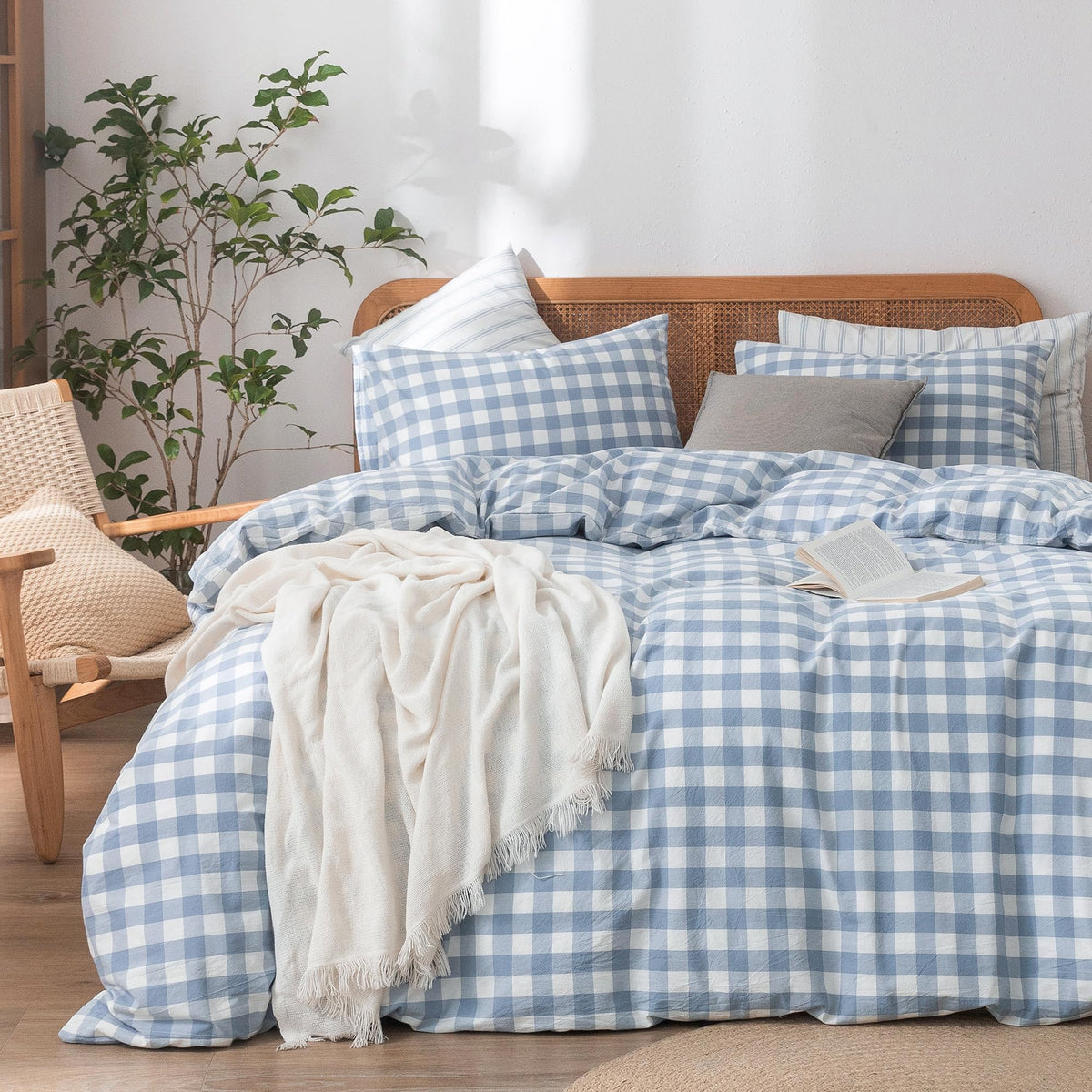 BESTOUCH Cotton Solid Duvet Cover Set Linen Feel Cornflower Blue Queen