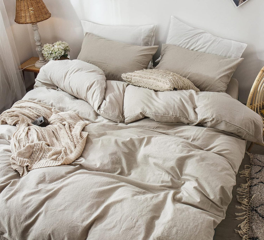 MooMee Duvet Cover Set 100% Washed Cotton Linen Like King